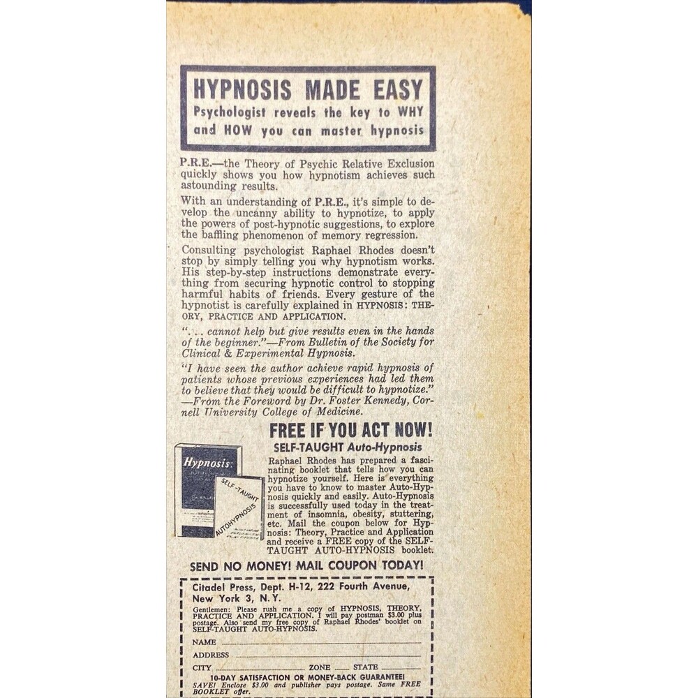 Citadel Press "Hypnosis Made Easy Booklet Free" Vintage Print Ad 1956